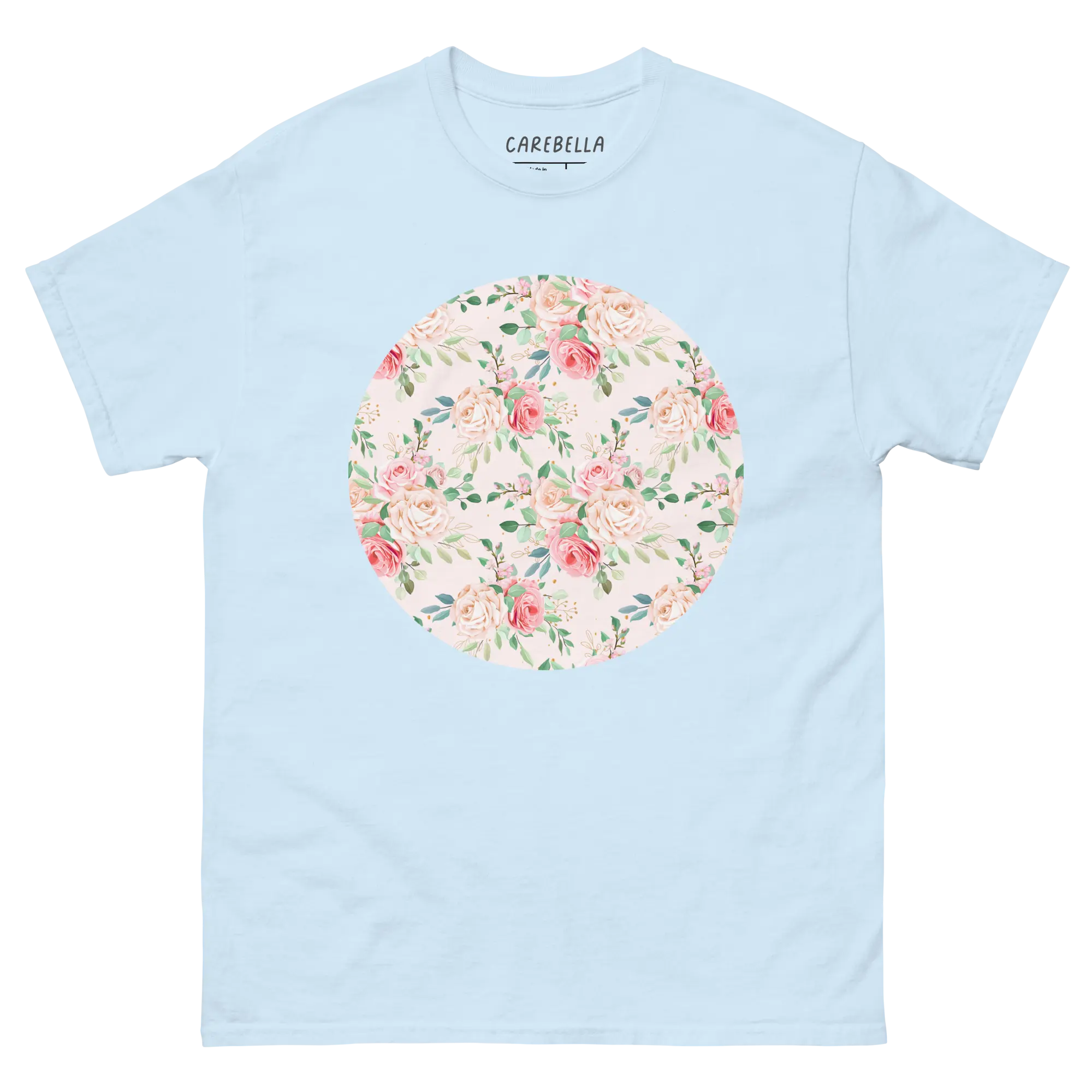 Rose Chic | Flat lay of a floral t-shirt from our flower shirts collection | Light blue shirt