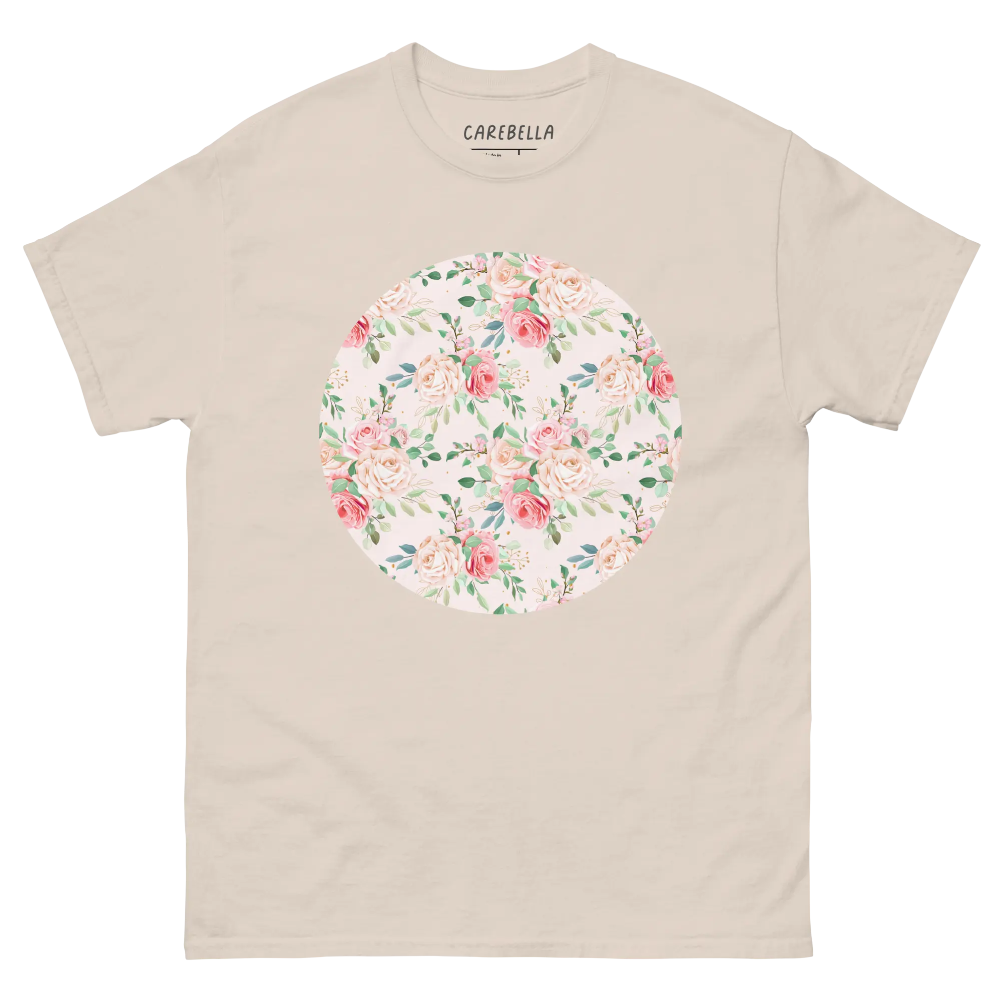 Rose Chic | Flat lay of a floral t-shirt from our flower shirts collection | Natural shirt