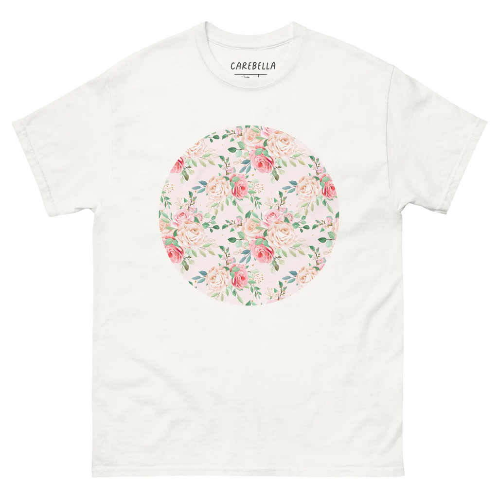 Rose Chic | Flat lay of a floral t-shirt from our flower shirts collection | White shirt