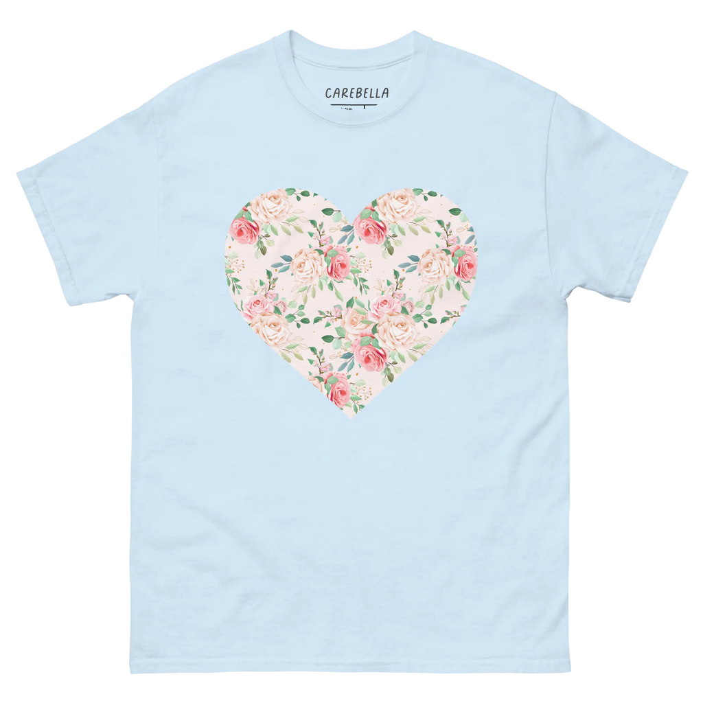 Rose Chic | Flat lay of a floral t-shirt from our flower shirts collection | Light blue shirt