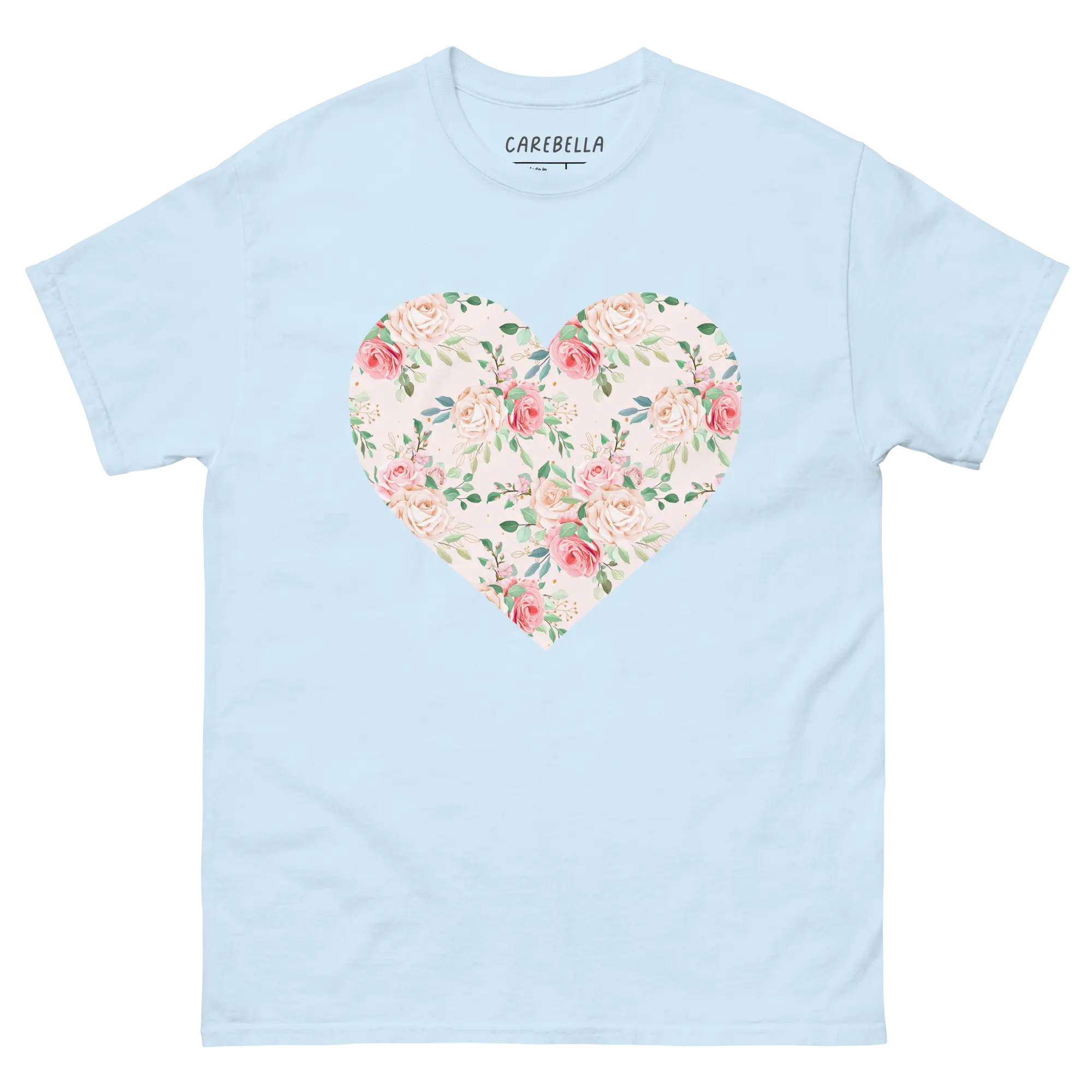 Rose Chic | Flat lay of a floral t-shirt from our flower shirts collection | Light blue shirt