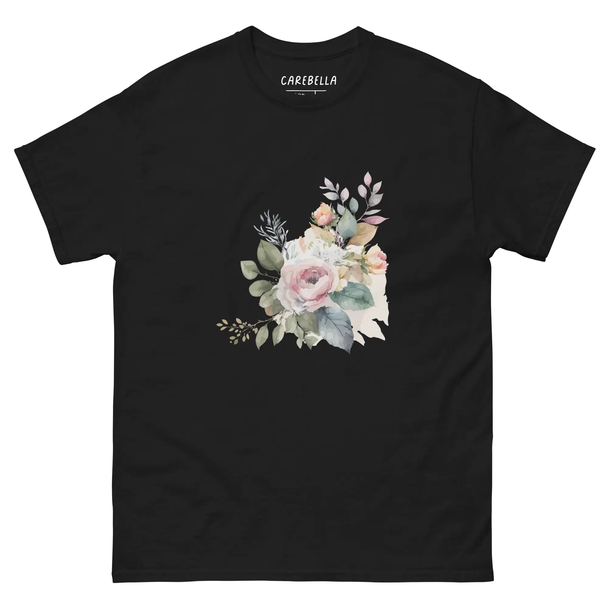 Rustic Bloom | Flat lay of a floral t-shirt from our flower shirts collection | Black shirt