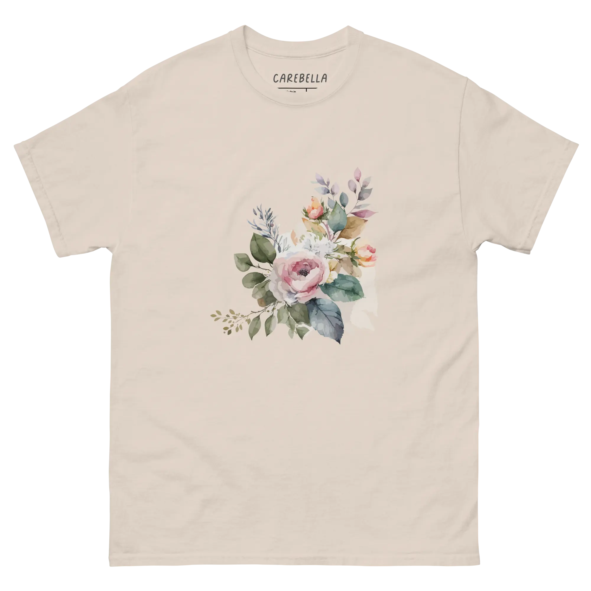 Rustic Bloom | Flat lay of a floral t-shirt from our flower shirts collection | Natural shirt