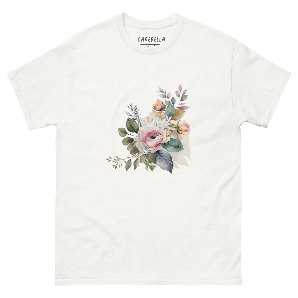 Rustic Bloom | Flat lay of a floral t-shirt from our flower shirts collection | White shirt