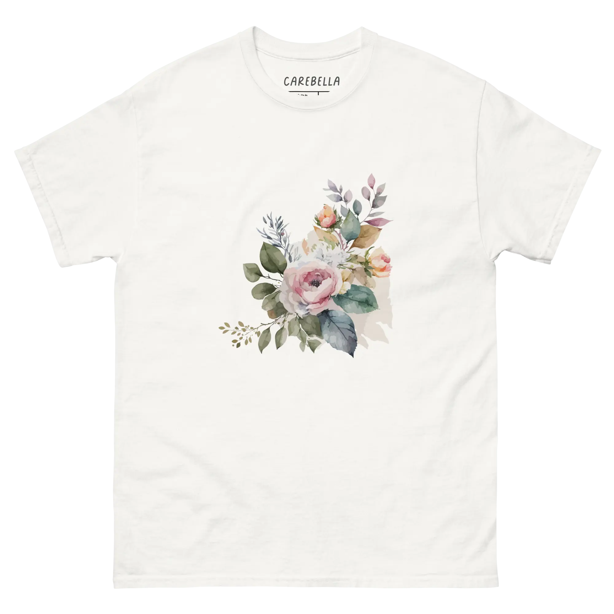 Rustic Bloom | Flat lay of a floral t-shirt from our flower shirts collection | White shirt