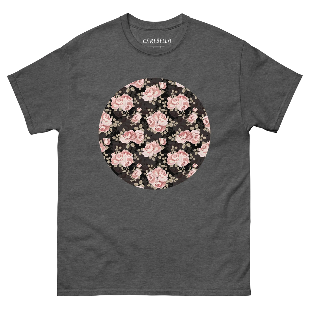 Subtle Rose | Flat lay of a floral t-shirt from our flower shirts collection | Gray shirt