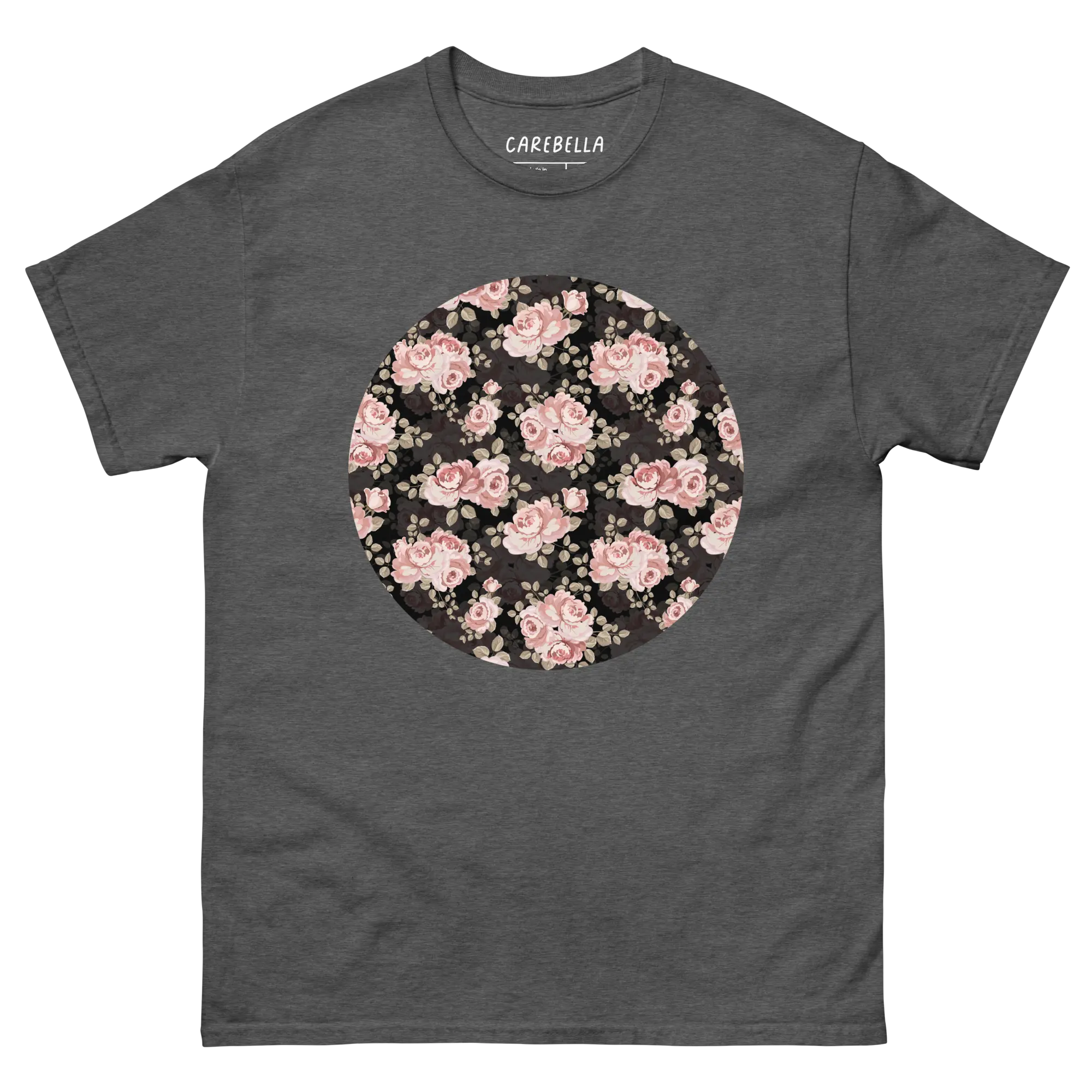Subtle Rose | Flat lay of a floral t-shirt from our flower shirts collection | Gray shirt