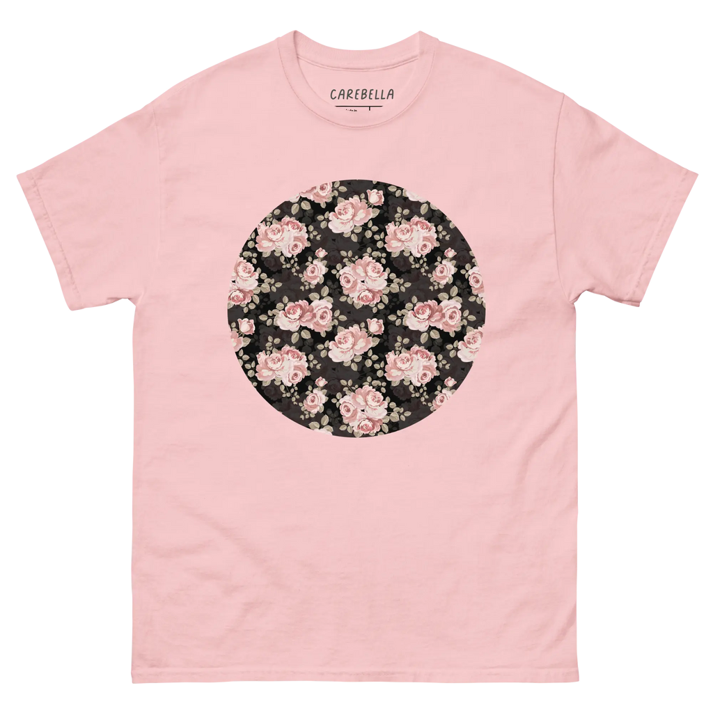 Subtle Rose | Flat lay of a floral t-shirt from our flower shirts collection | Gray shirt | Light Pink