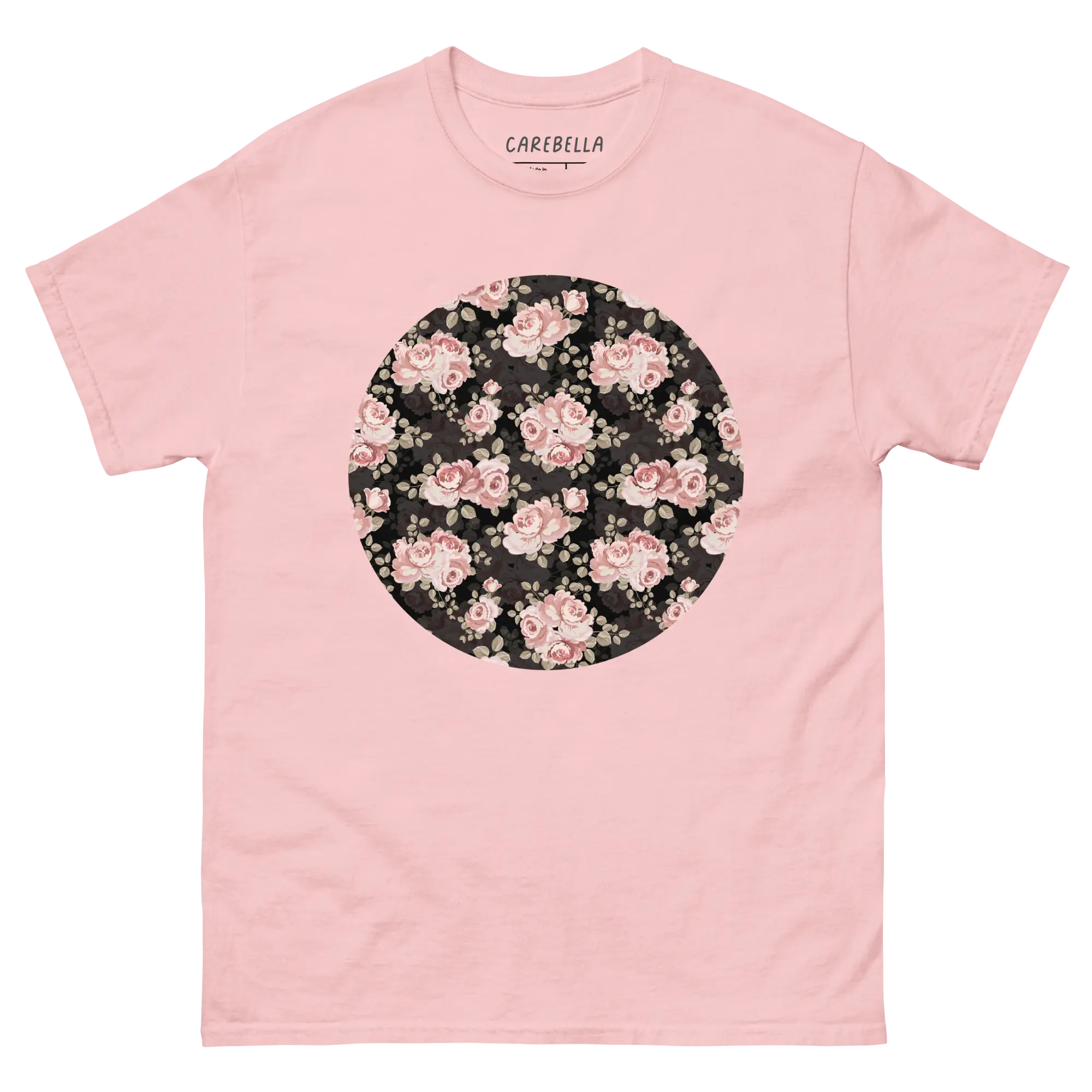 Subtle Rose | Flat lay of a floral t-shirt from our flower shirts collection | Gray shirt | Light Pink