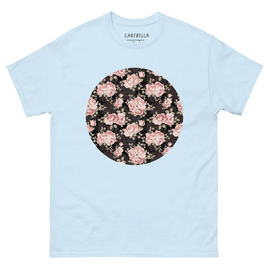 Subtle Rose | Flat lay of a floral t-shirt from our flower shirts collection | Light blue shirt