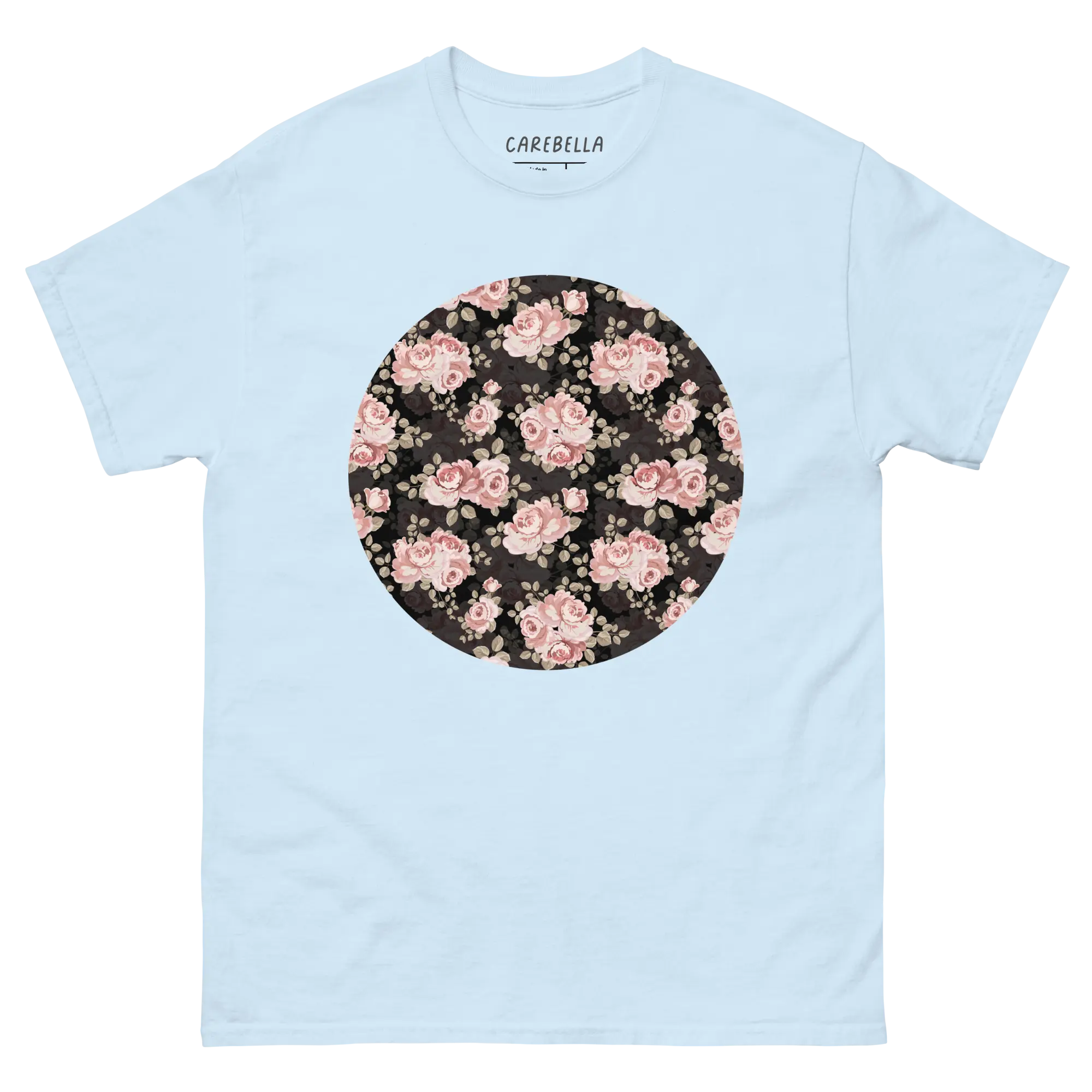 Subtle Rose | Flat lay of a floral t-shirt from our flower shirts collection | Light blue shirt