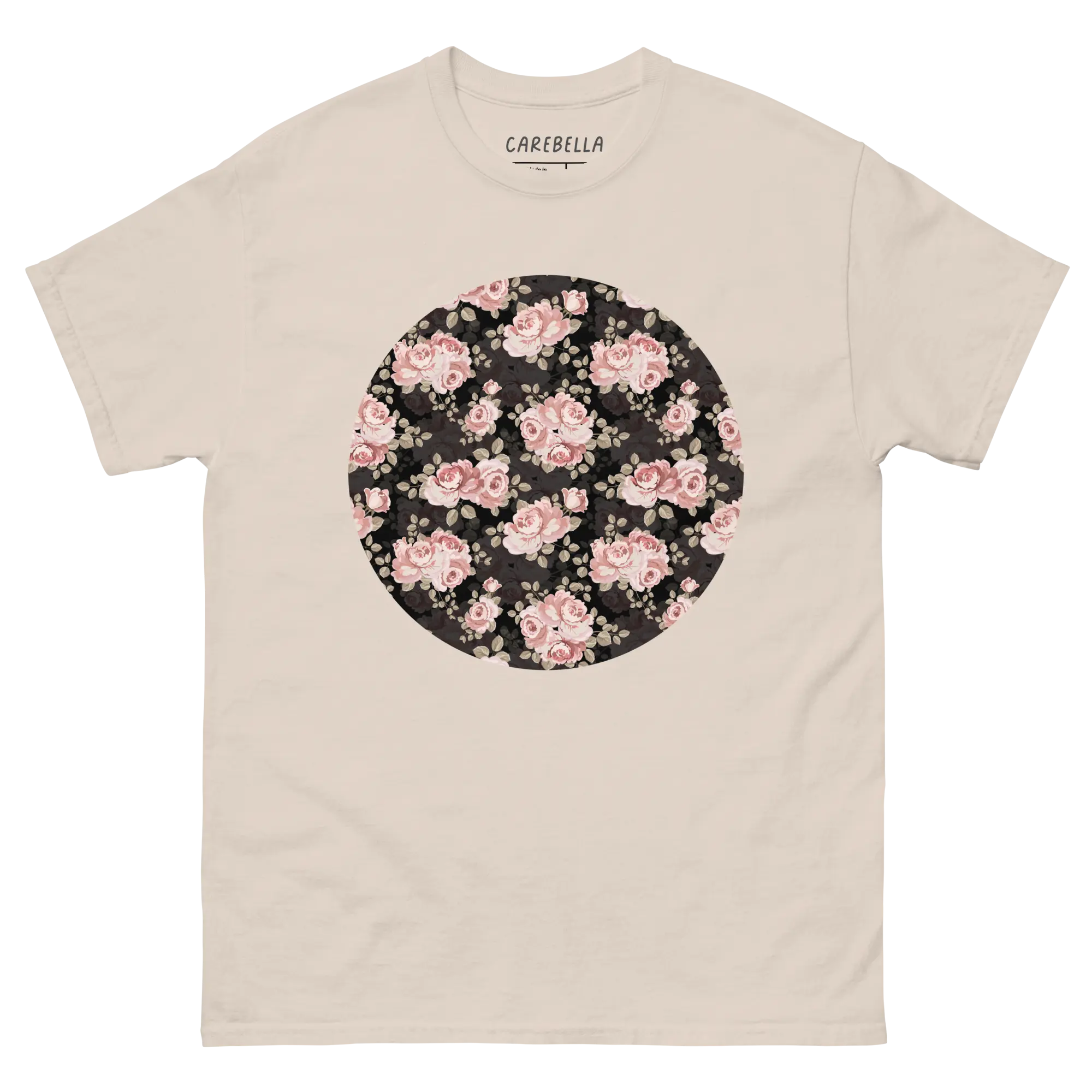 Subtle Rose | Flat lay of a floral t-shirt from our flower shirts collection | Natural shirt