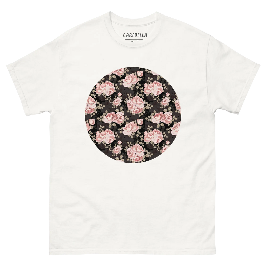 Subtle Rose | Flat lay of a floral t-shirt from our flower shirts collection | White shirt