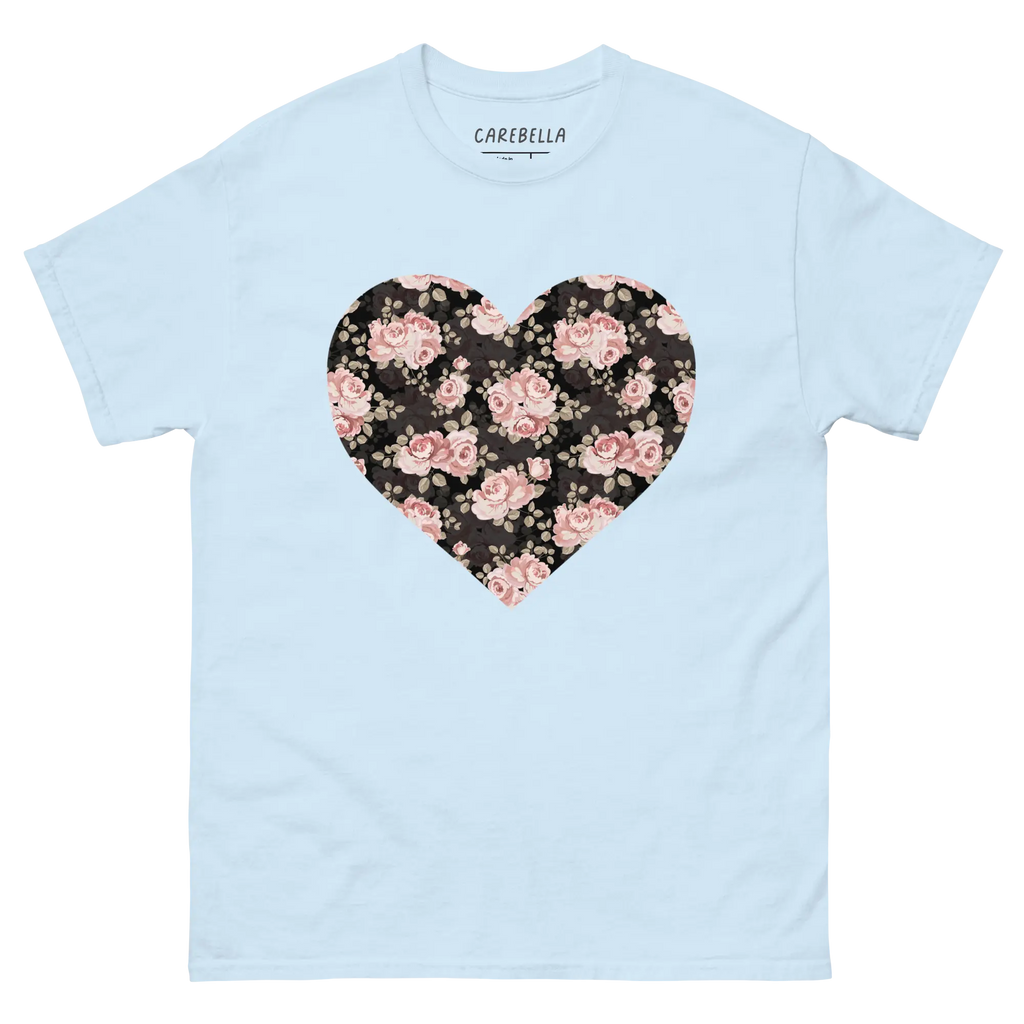 Subtle Rose | Flat lay of a floral t-shirt from our flower shirts collection | Light Blue shirt