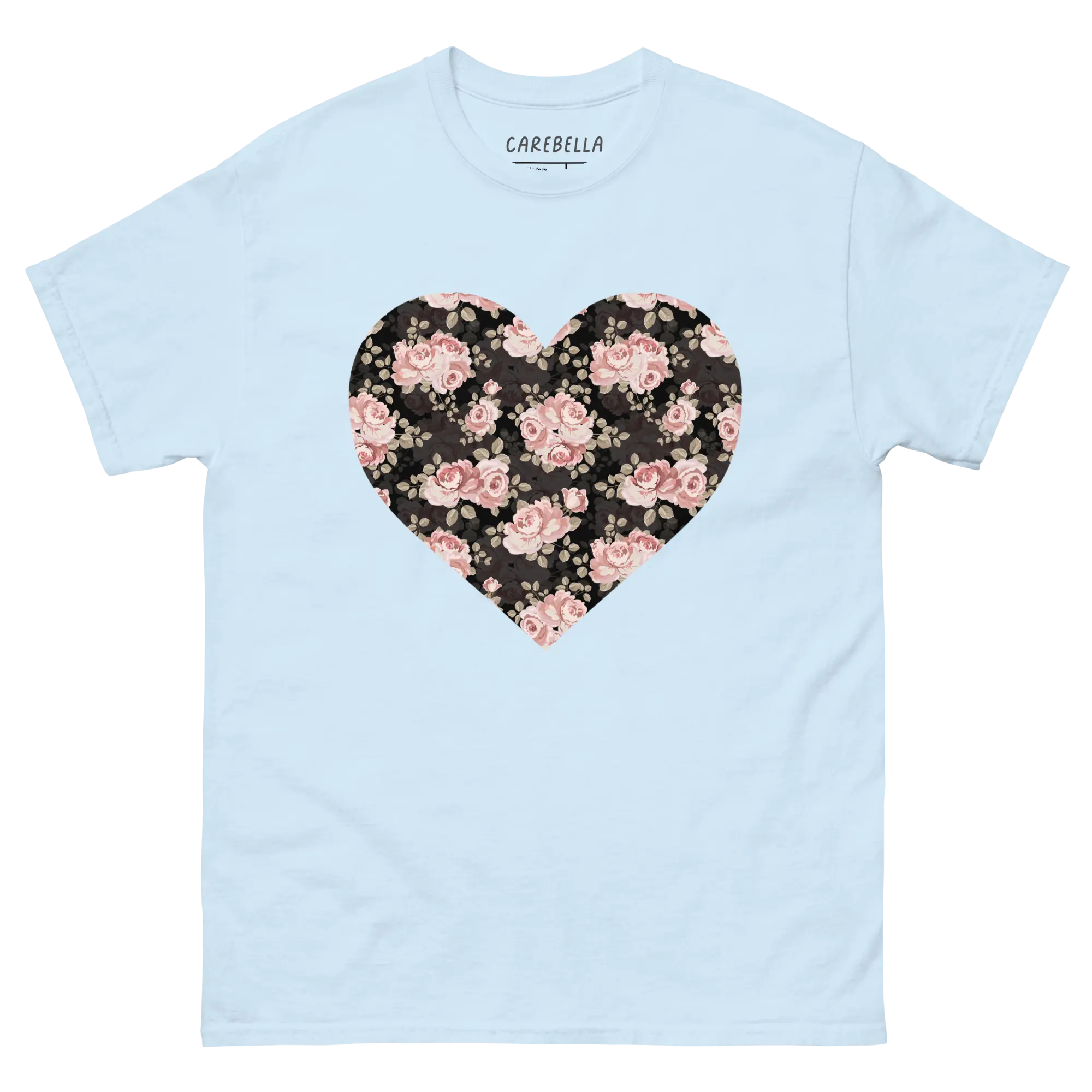Subtle Rose | Flat lay of a floral t-shirt from our flower shirts collection | Light Blue shirt