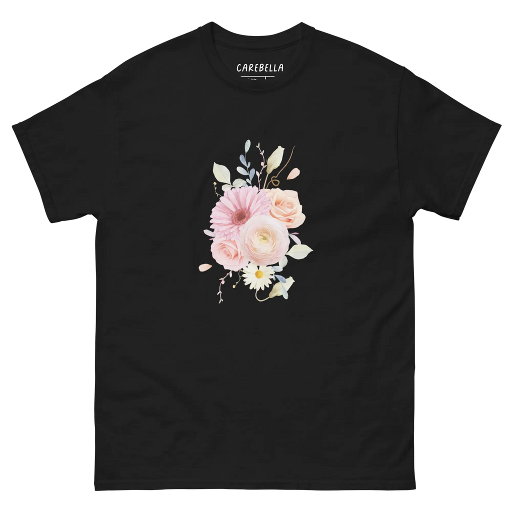 Sweet Pastel | Flat lay of a floral t-shirt from our flower shirts collection | Black shirt