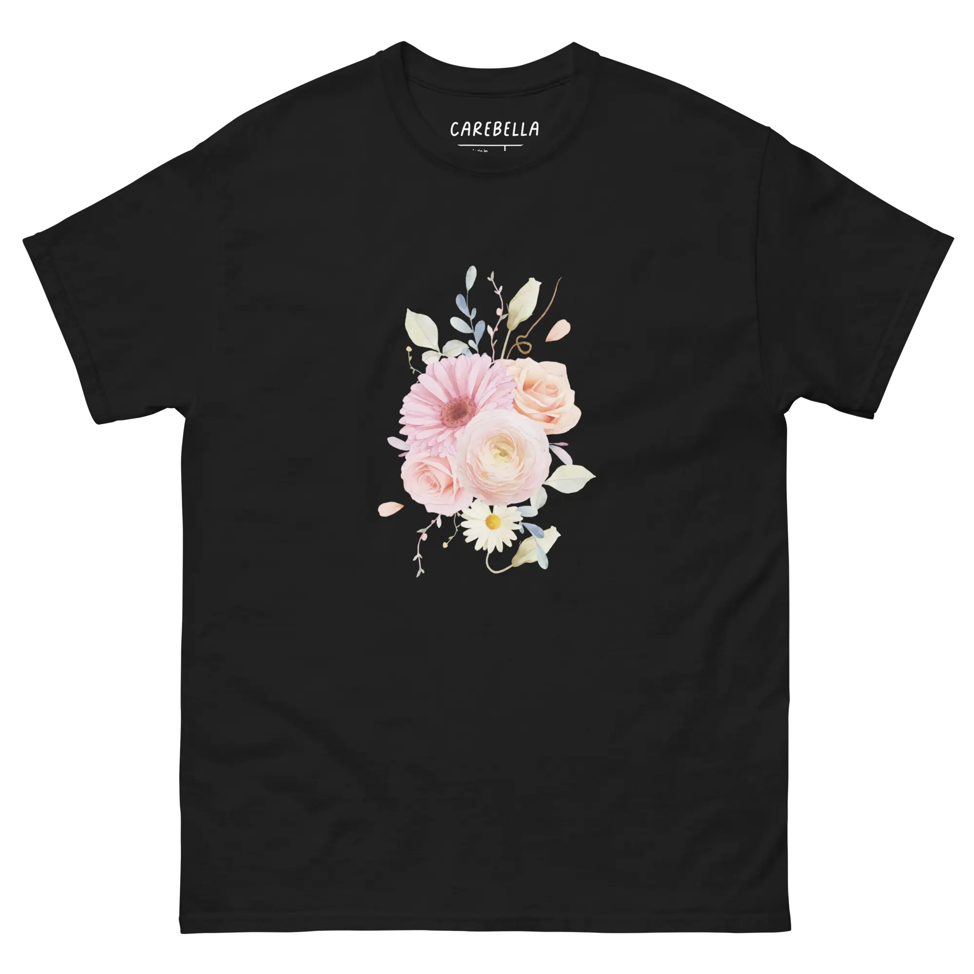 Sweet Pastel | Flat lay of a floral t-shirt from our flower shirts collection | Black shirt