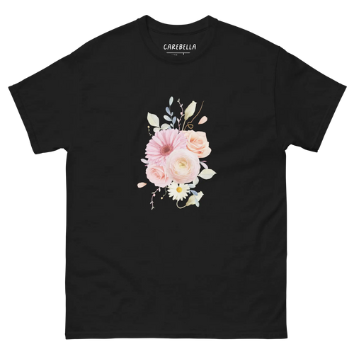Sweet Pastel | Flat lay of a floral t-shirt from our flower shirts collection | Black shirt