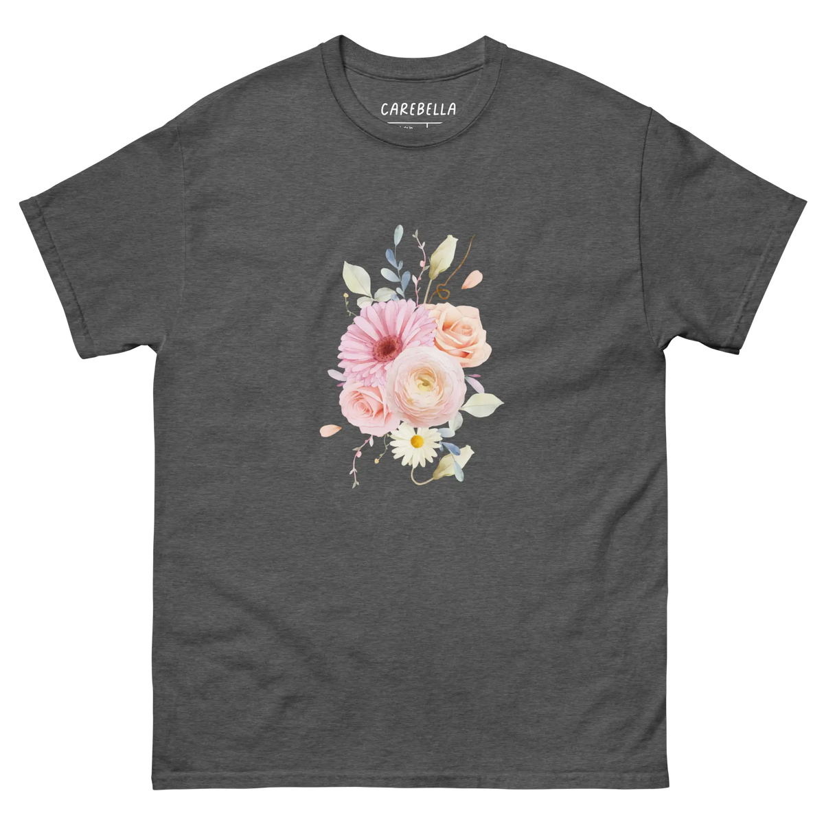 Sweet Pastel | Flat lay of a floral t-shirt from our flower shirts collection | Gray shirt