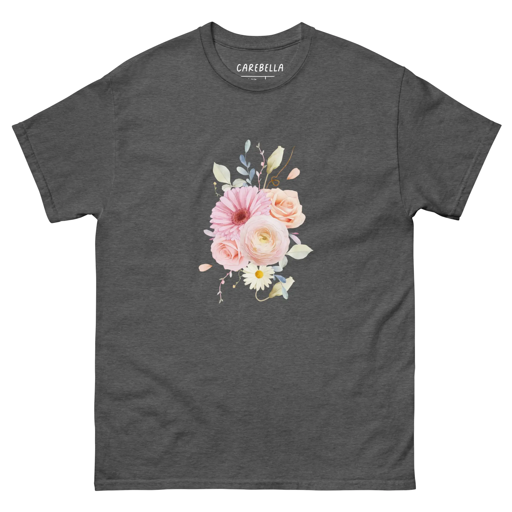 Sweet Pastel | Flat lay of a floral t-shirt from our flower shirts collection | Gray shirt