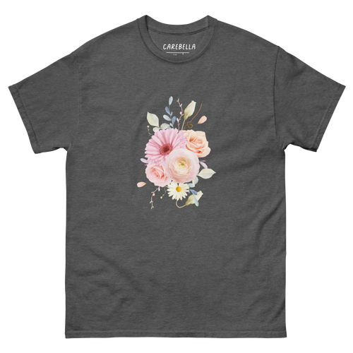 Sweet Pastel | Flat lay of a floral t-shirt from our flower shirts collection | Gray shirt
