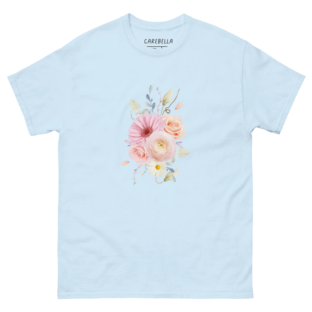 Sweet Pastel | Flat lay of a floral t-shirt from our flower shirts collection | Light blue shirt