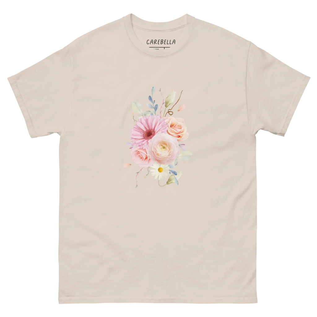 Sweet Pastel | Flat lay of a floral t-shirt from our flower shirts collection | Natural shirt