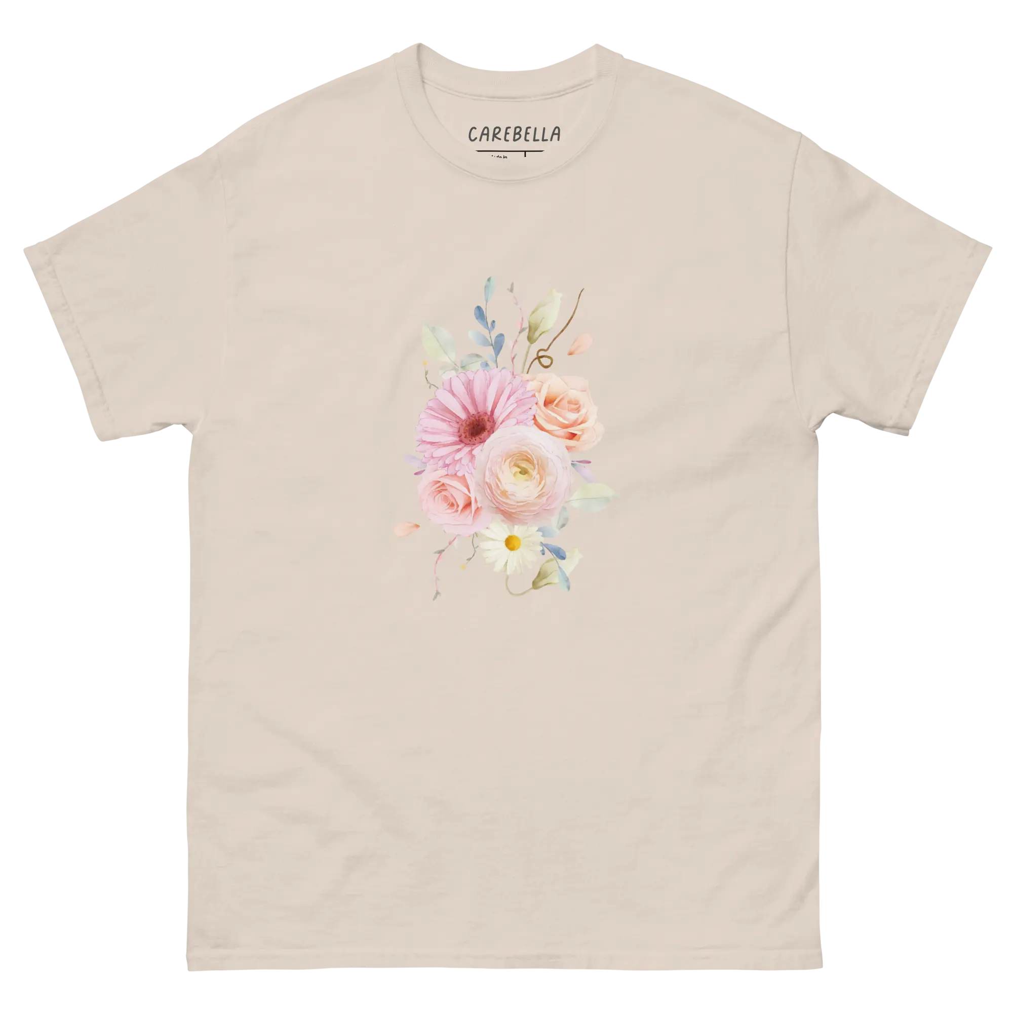 Sweet Pastel | Flat lay of a floral t-shirt from our flower shirts collection | Natural shirt