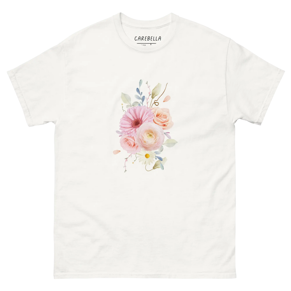 Sweet Pastel | Flat lay of a floral t-shirt from our flower shirts collection | White shirt