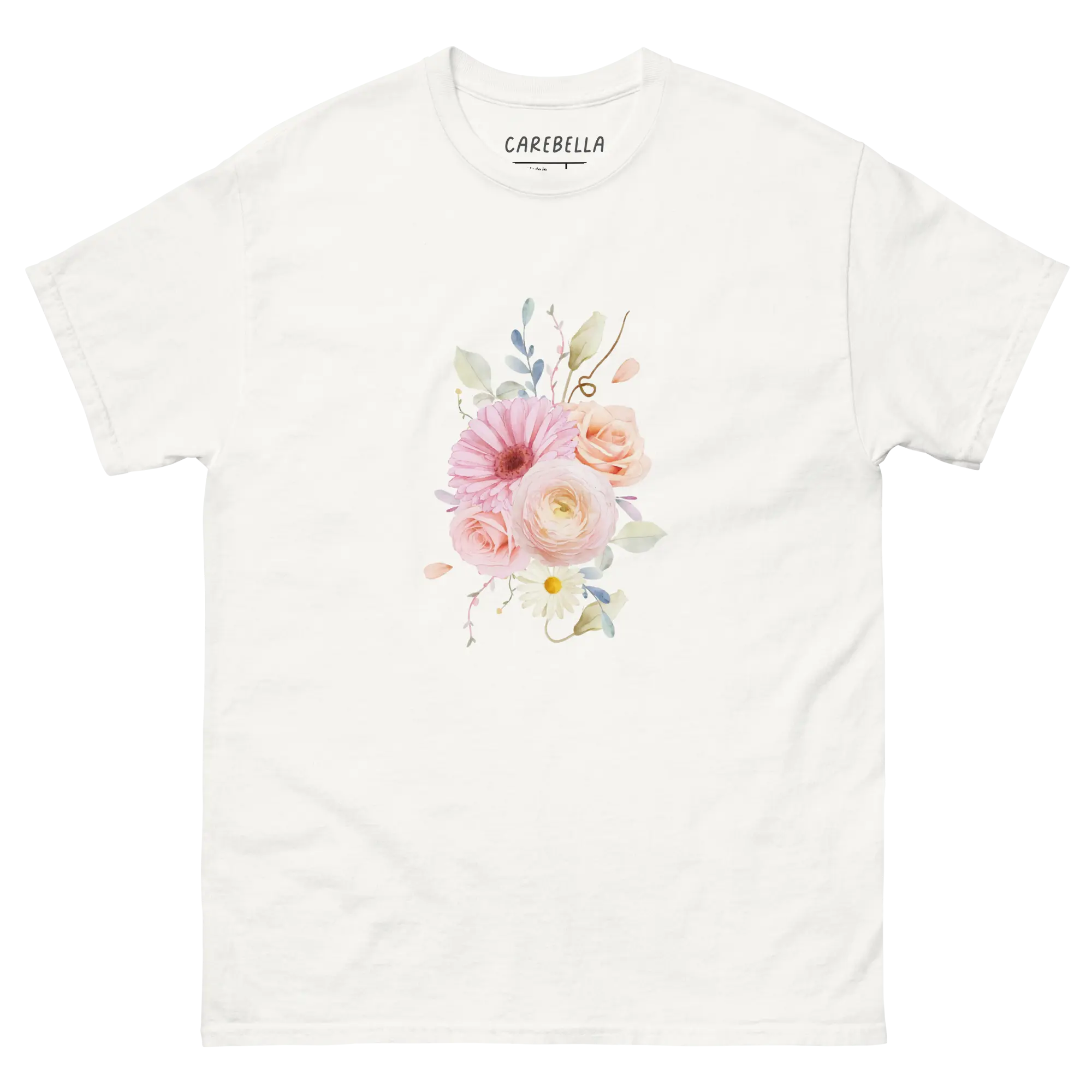 Sweet Pastel | Flat lay of a floral t-shirt from our flower shirts collection | White shirt