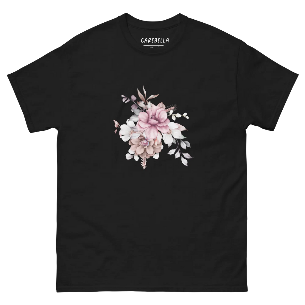 Vintage Meadows | Flat lay of a floral t-shirt from our flower shirts collection | Black shirt