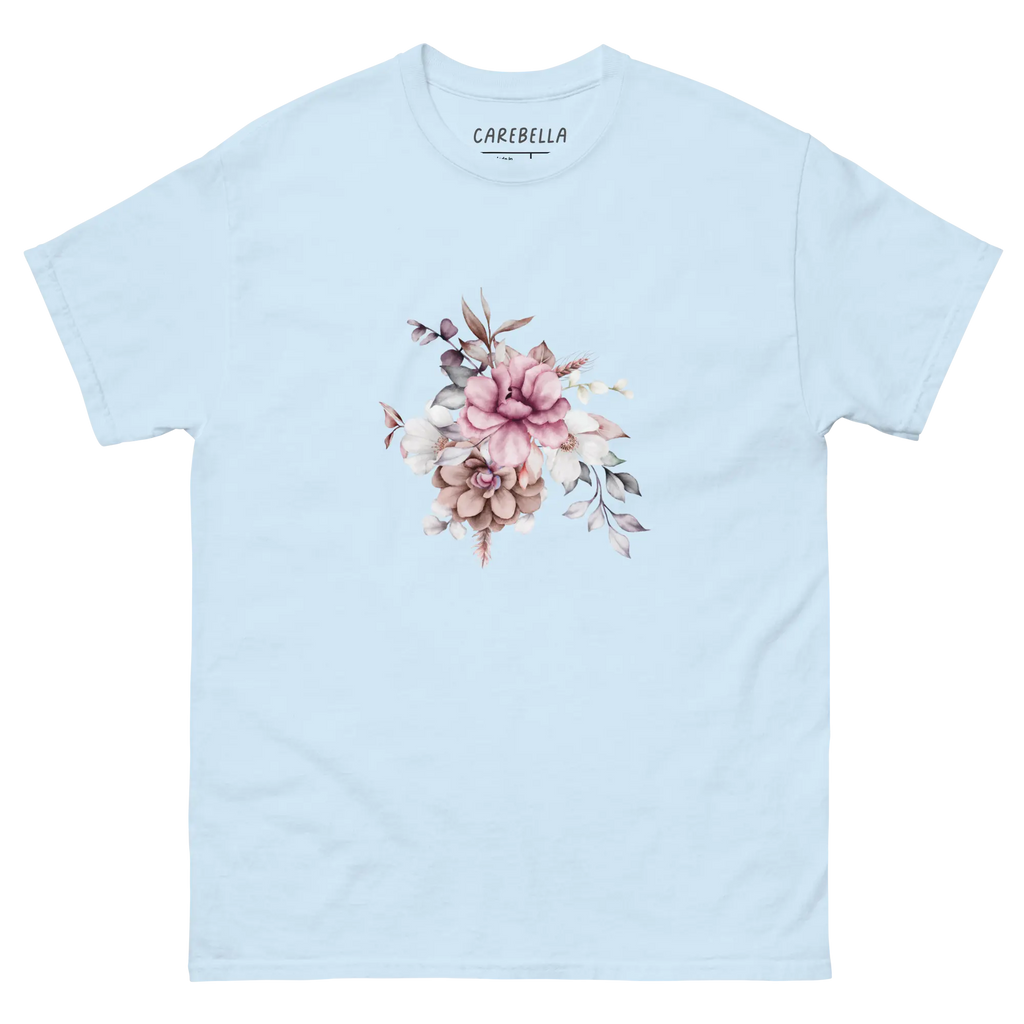 Vintage Meadows | Flat lay of a floral t-shirt from our flower shirts collection | Light blue shirt