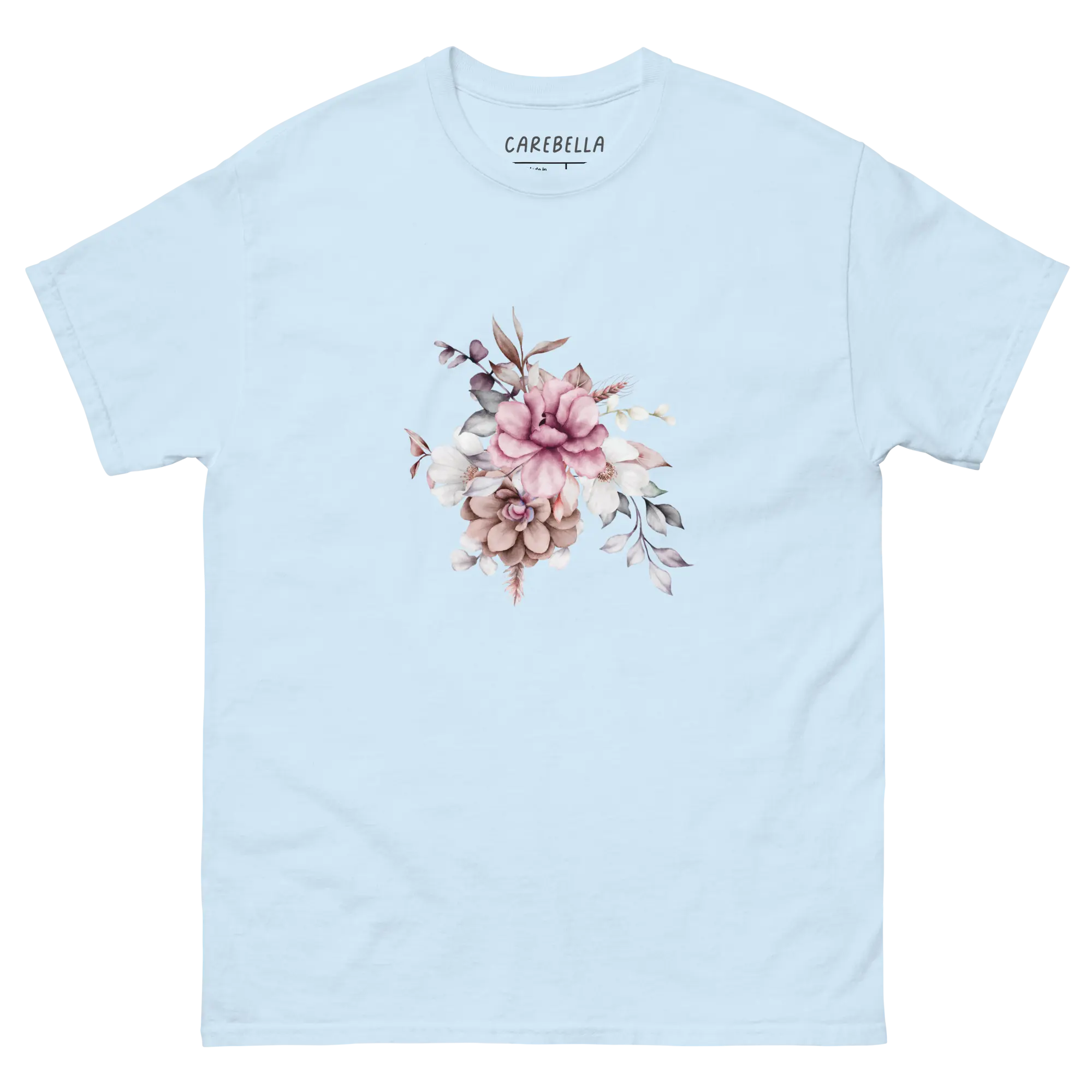 Vintage Meadows | Flat lay of a floral t-shirt from our flower shirts collection | Light blue shirt