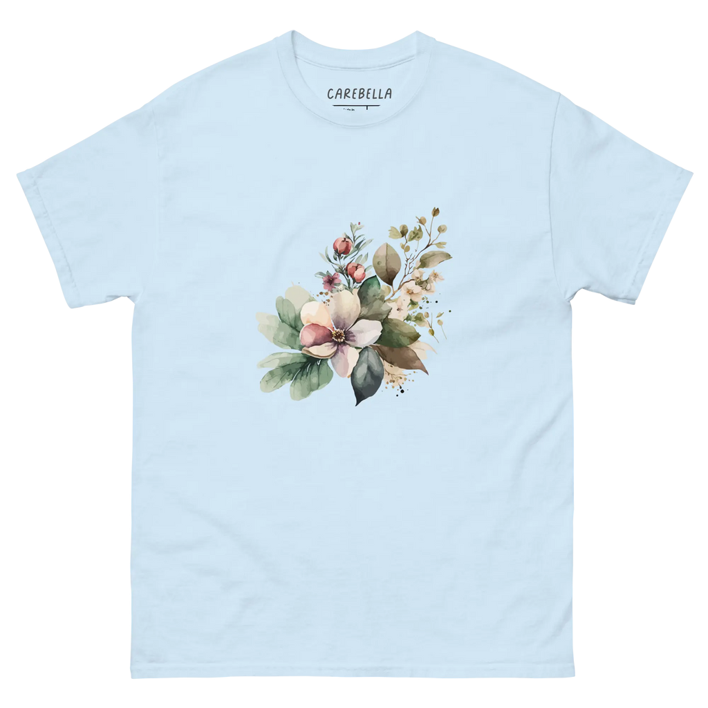 Wild Forest | Flat lay of a floral t-shirt from our flower shirts collection | Light Blue shirt