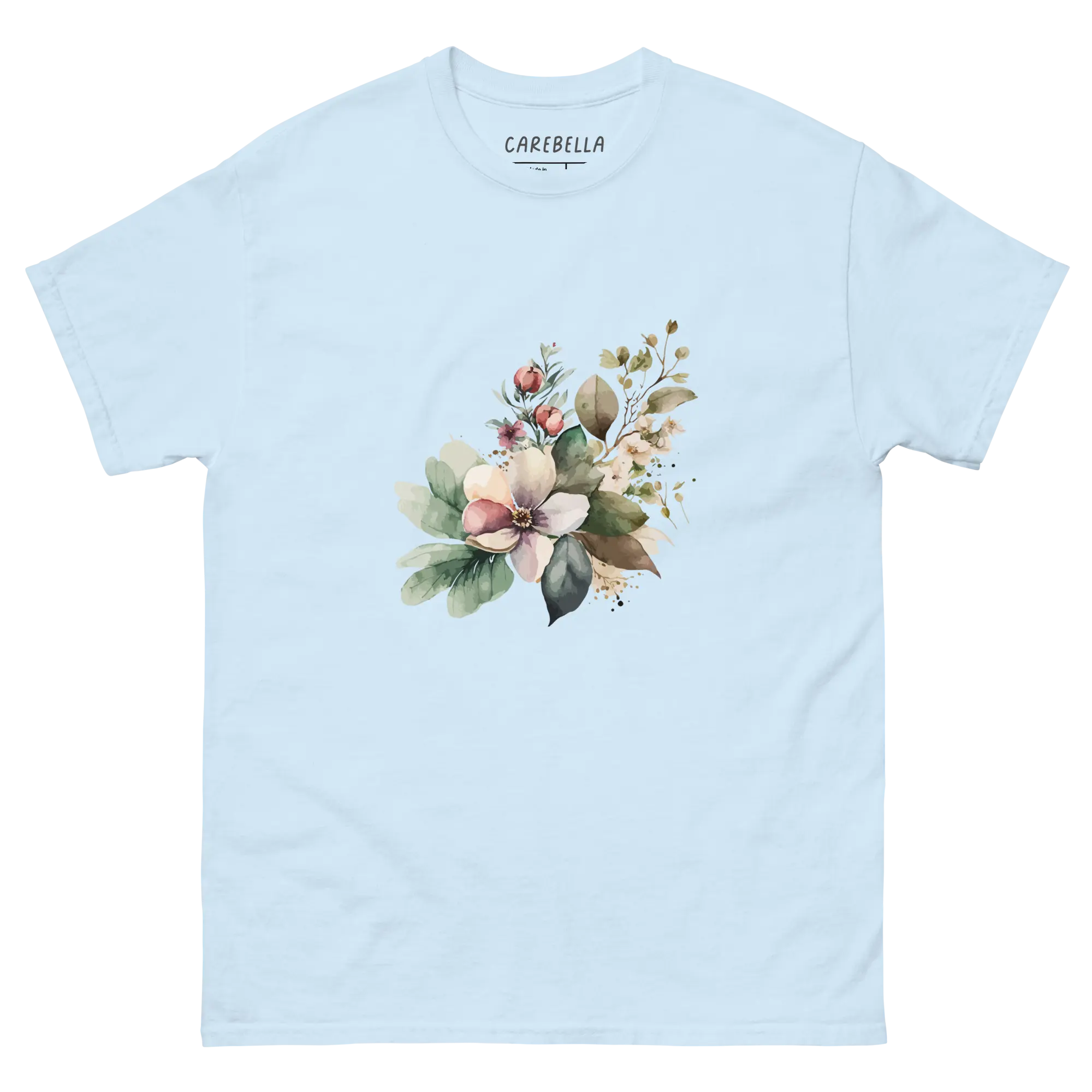 Wild Forest | Flat lay of a floral t-shirt from our flower shirts collection | Light Blue shirt