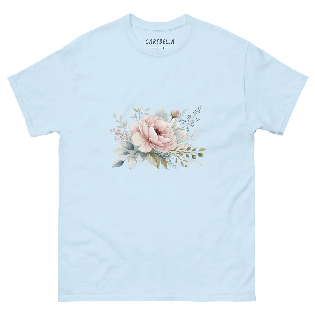 Winter Love | Flat lay of a floral t-shirt from our flower shirts collection | Light blue shirt