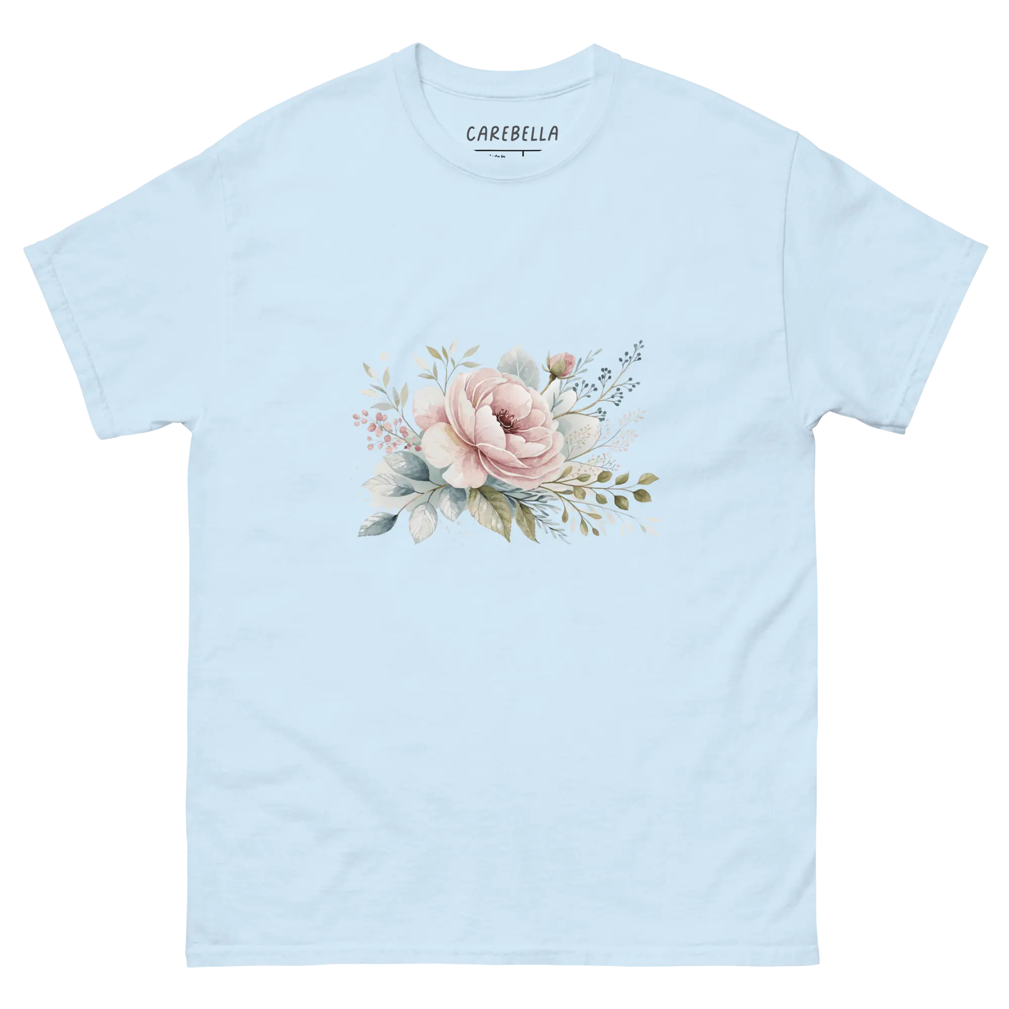 Winter Love | Flat lay of a floral t-shirt from our flower shirts collection | Light blue shirt