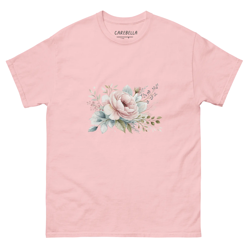 Winter Love | Flat lay of a floral t-shirt from our flower shirts collection | Light pink shirt