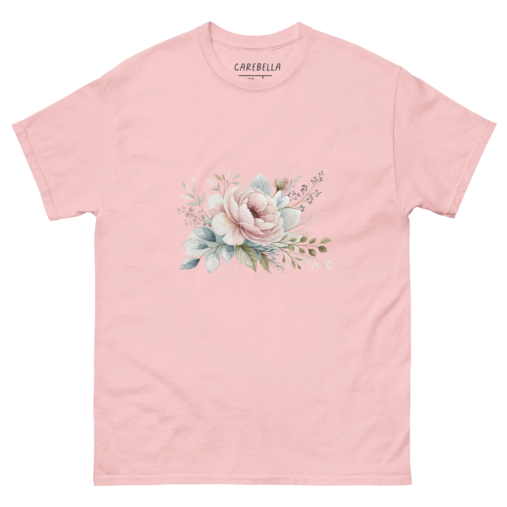Winter Love | Flat lay of a floral t-shirt from our flower shirts collection | Light pink shirt