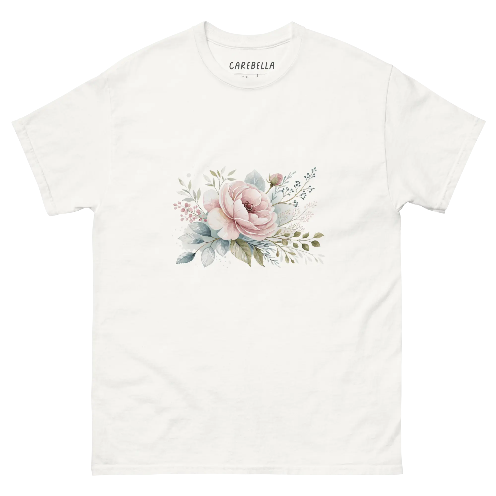 Winter Love | Flat lay of a floral t-shirt from our flower shirts collection | White shirt