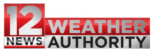 Logo for 12 Weather Authority with red and silver design